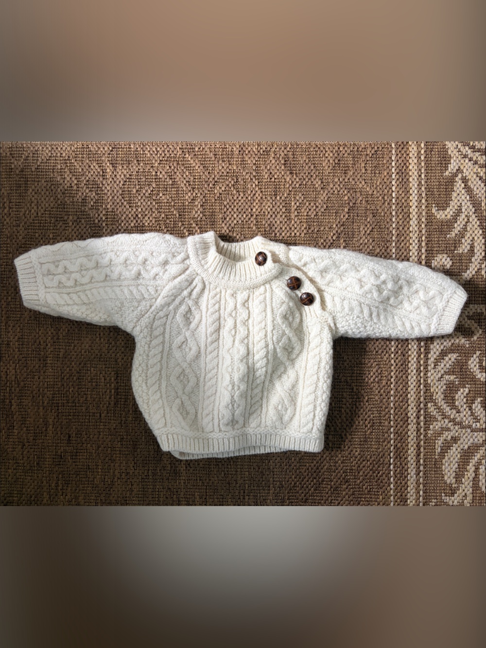 Aran Crafts Cream Cable Knit Sweater with Brown Buttons
